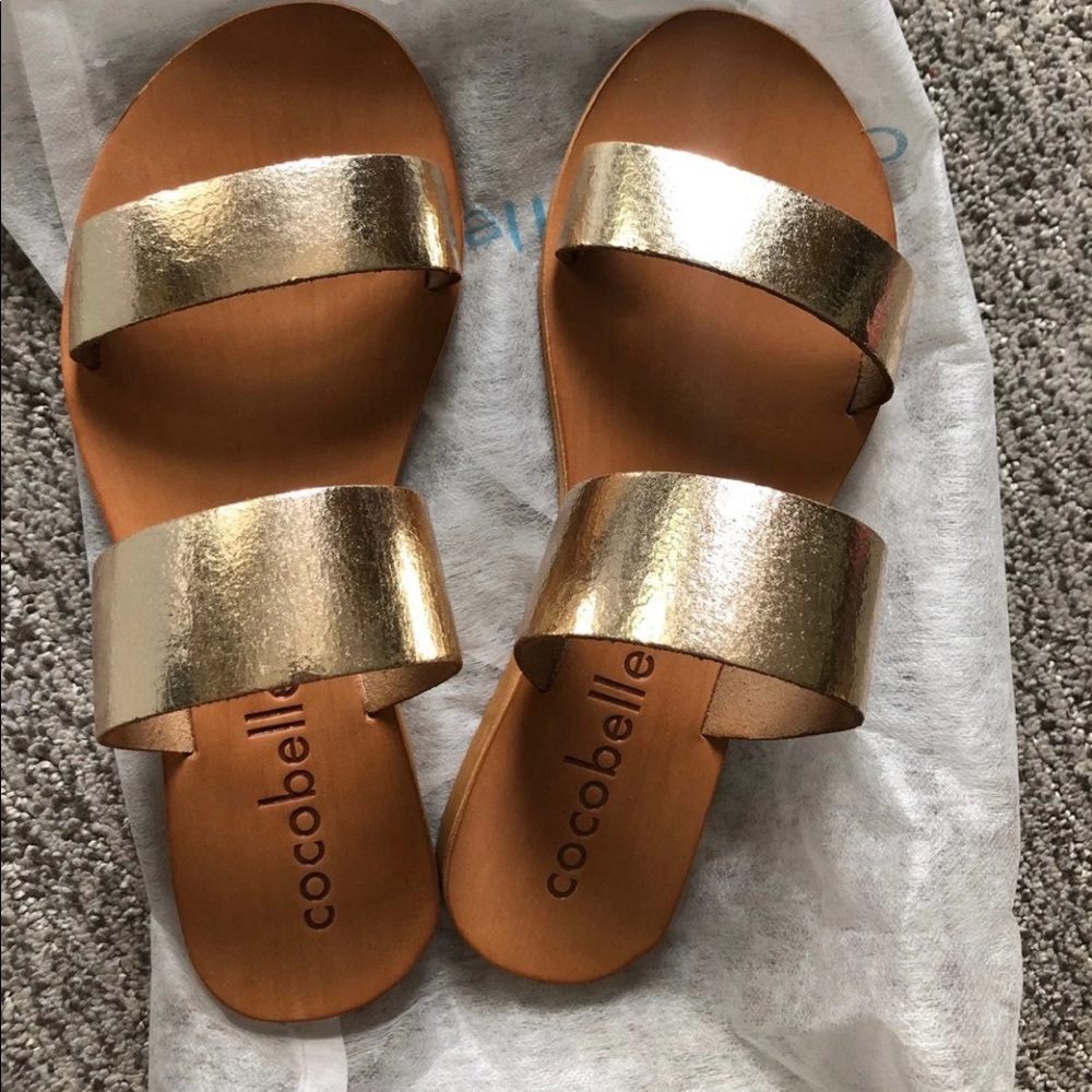 $128 Cocobelle cracked gold leather slide sandals